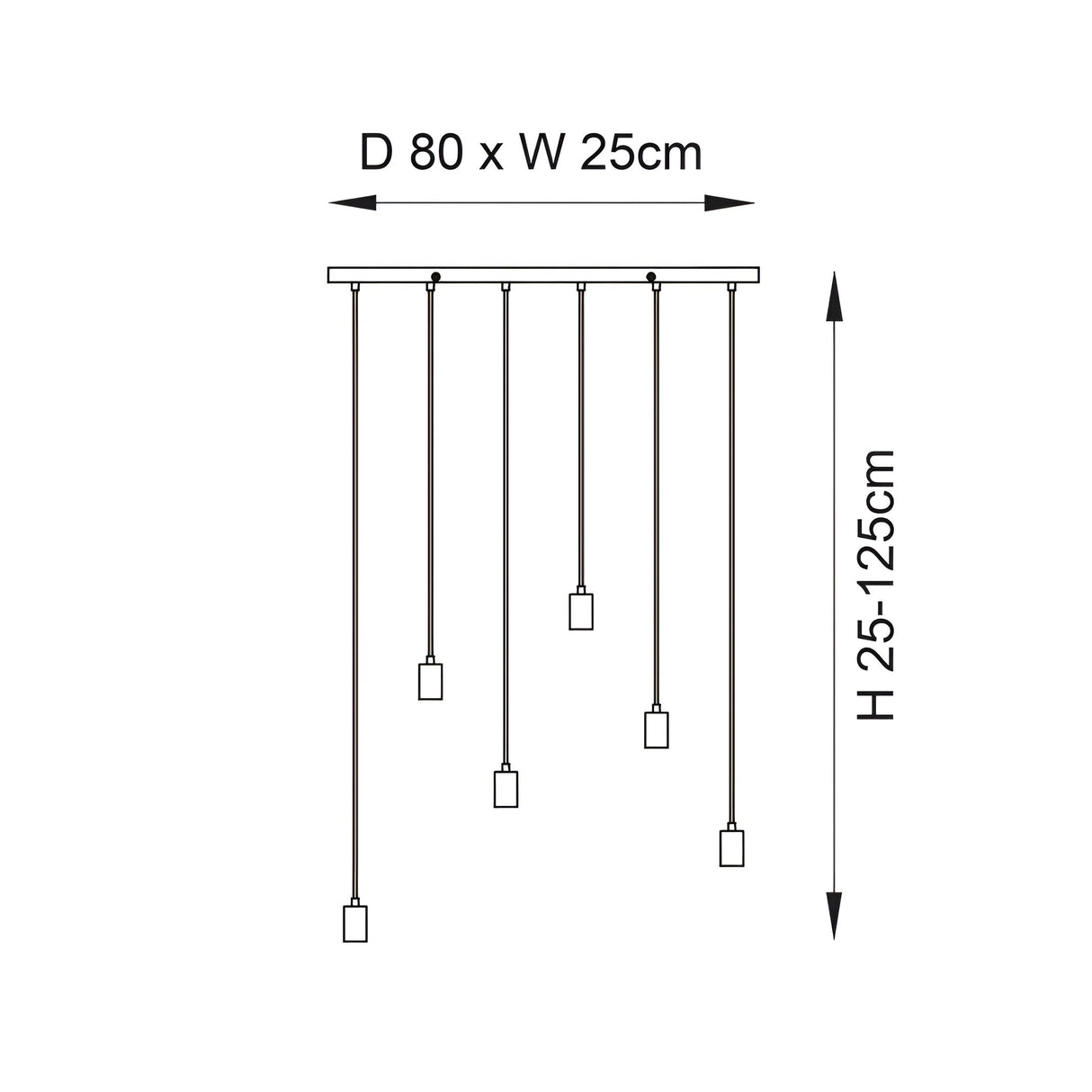 Dimension diagram of the Endon Cliffwell 6 Light Linear Pendant showing 80cm length, 25cm width, and adjustable 25-125cm drop height.