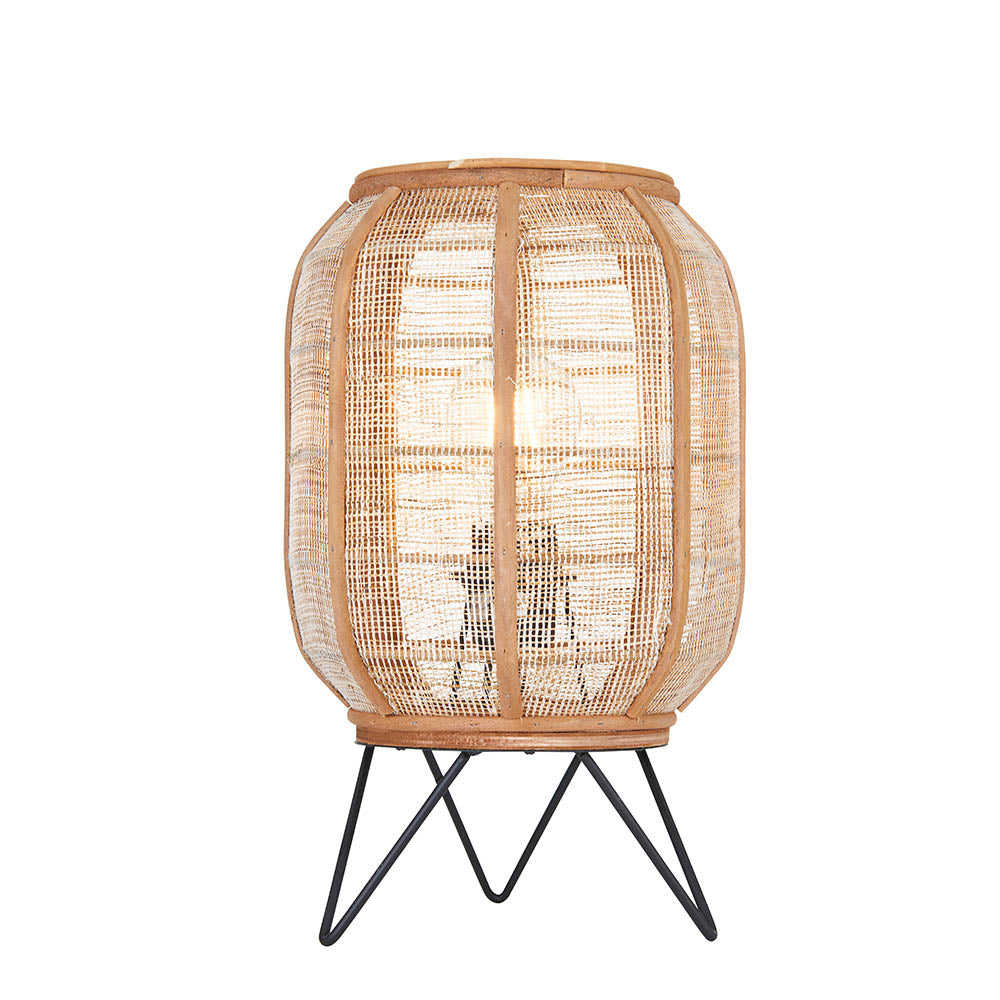 Endon Daneshaw table lamp with a lantern-shaped natural linen and bamboo woven shade on a matt black metal tripod base, shown on a white background.