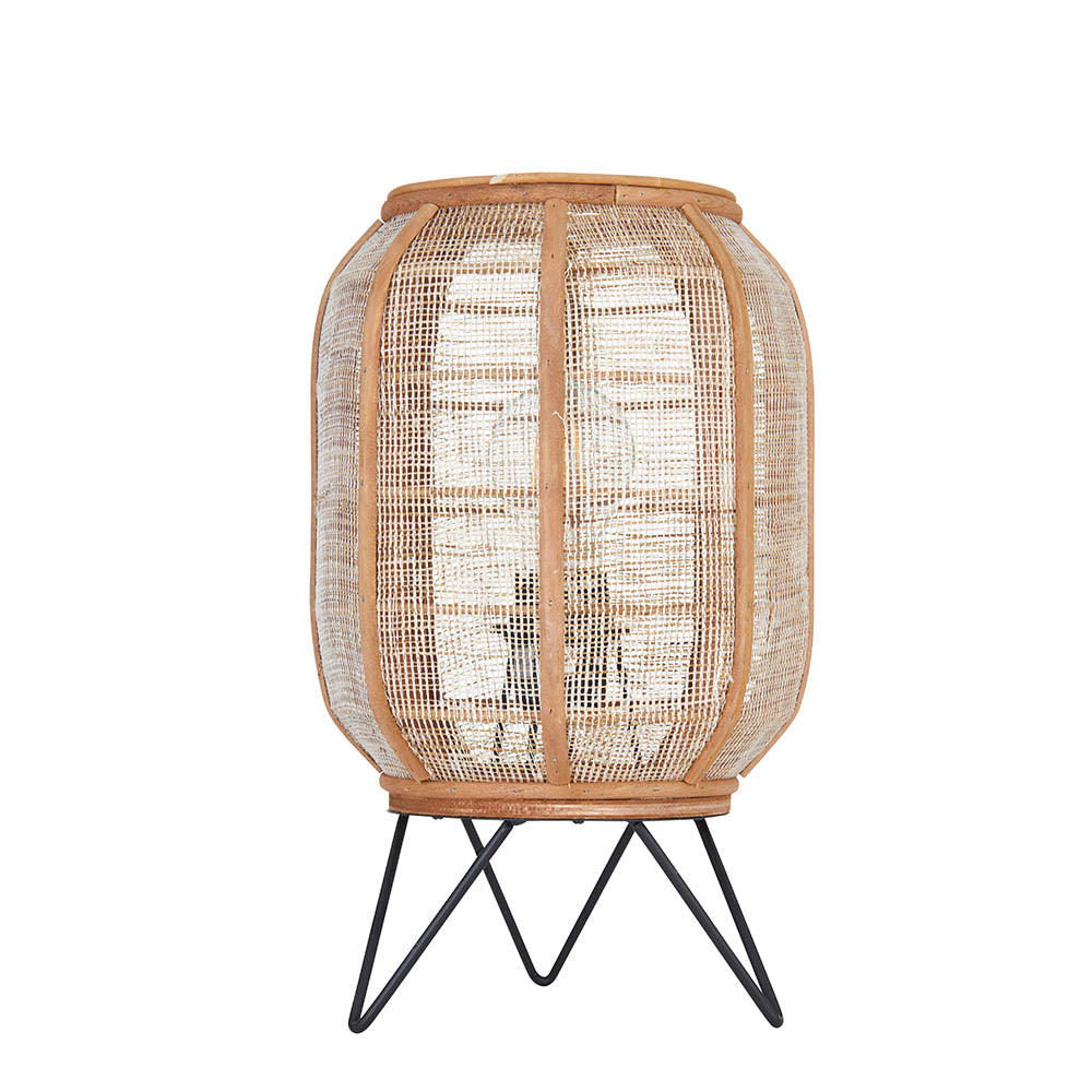 Endon Daneshaw table lamp with a woven natural linen and bamboo shade on a matt black metal hairpin base, shown against a plain white background.