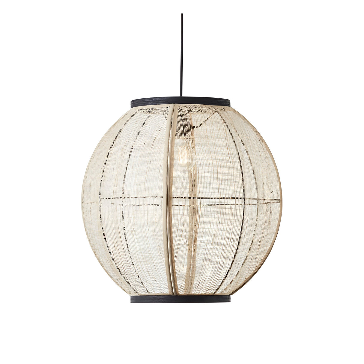 Daneshaw Pendant Light in black and natural, a spherical linen shade with matt black metal trim and E27 bulb, shown on a plain white background.