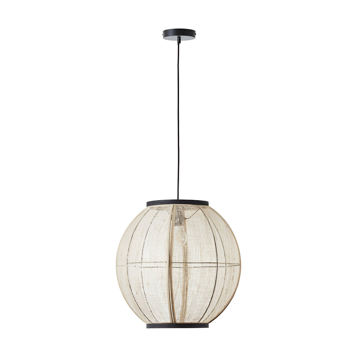 Daneshaw Pendant Light in Black & Natural, spherical linen shade with wood detailing on a matt black frame and adjustable cord.
