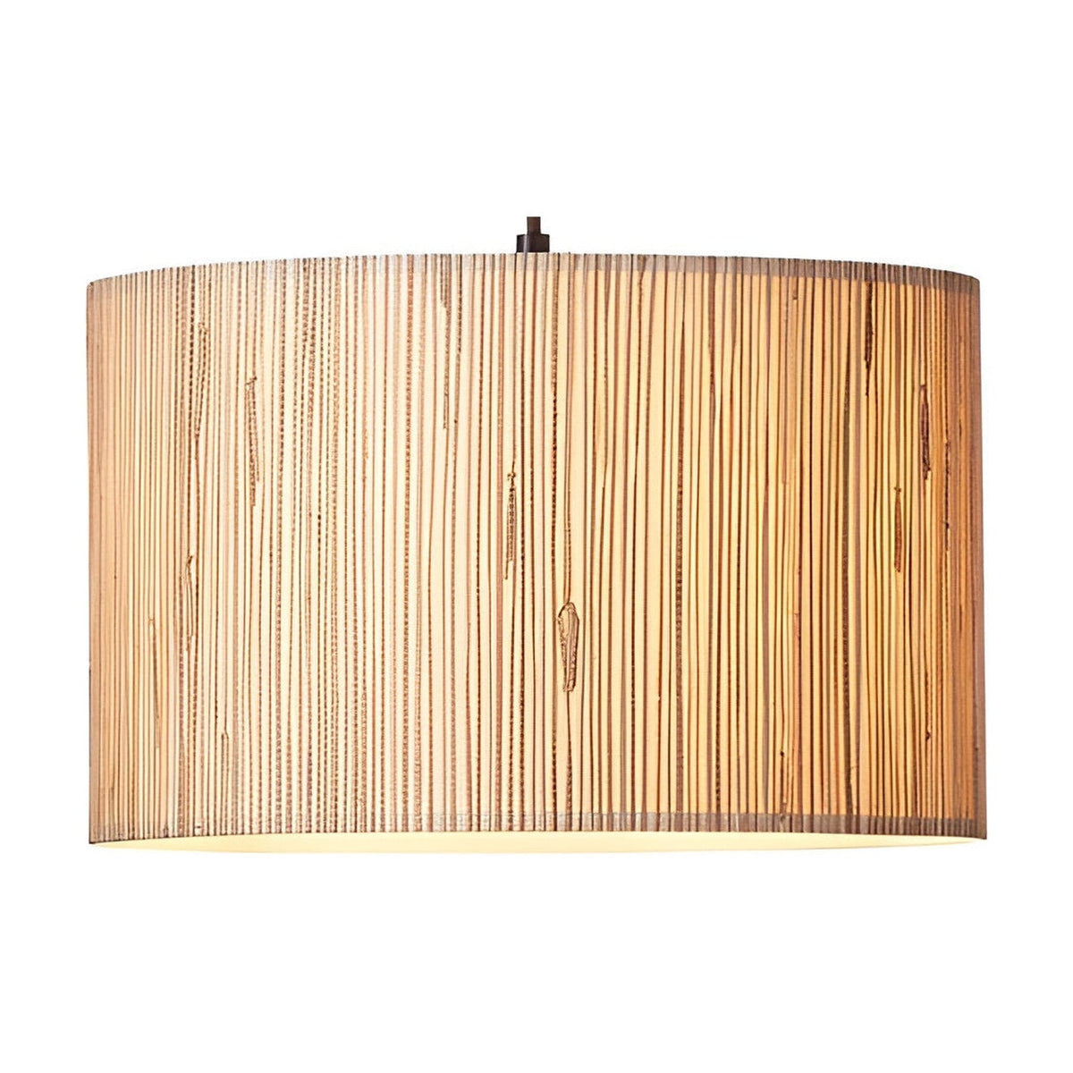 Salcombe Pendant Light with woven natural seagrass drum shade and black cable and fitting, shown on a plain white background.