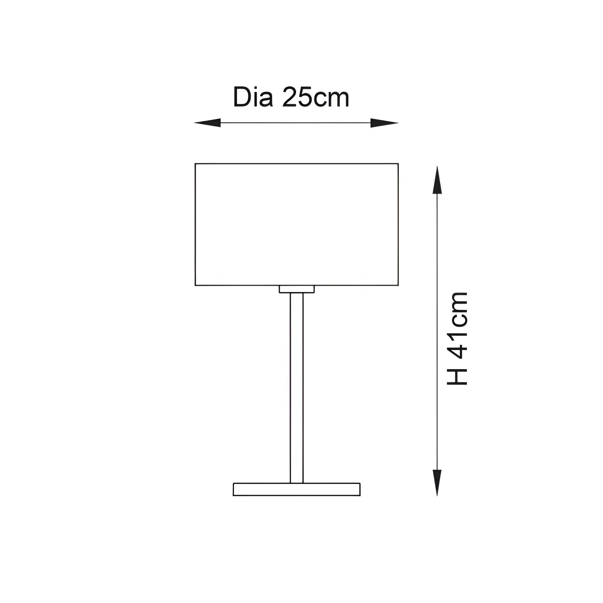 Line diagram of the Salcombe Table Lamp showing a rectangular shade on a black metal base, with dimensions 25cm diameter and 41cm height.