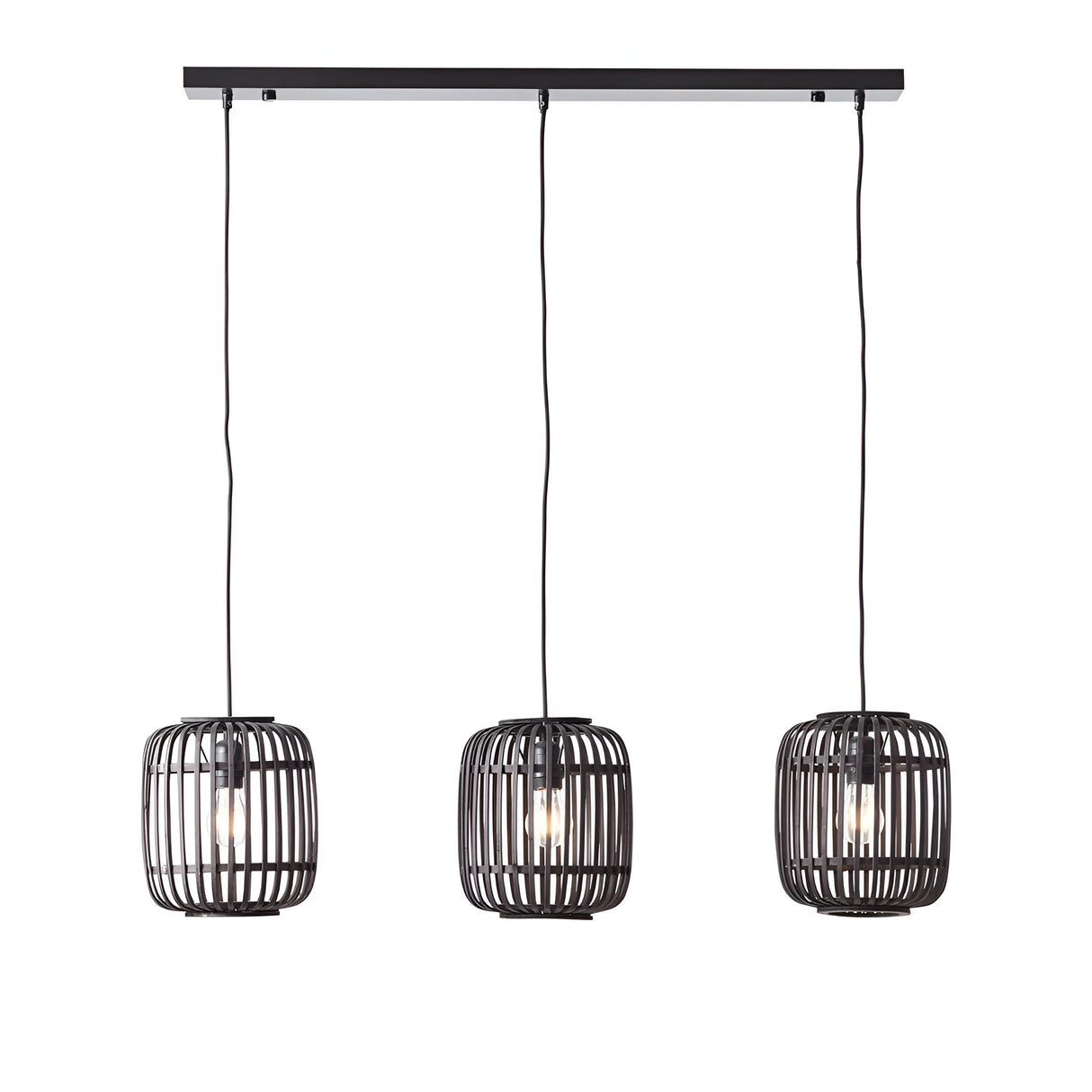 Endon Bracken 3 light linear pendant with three matt black bamboo cage shades and E27 filament bulbs on adjustable flex, shown on white.