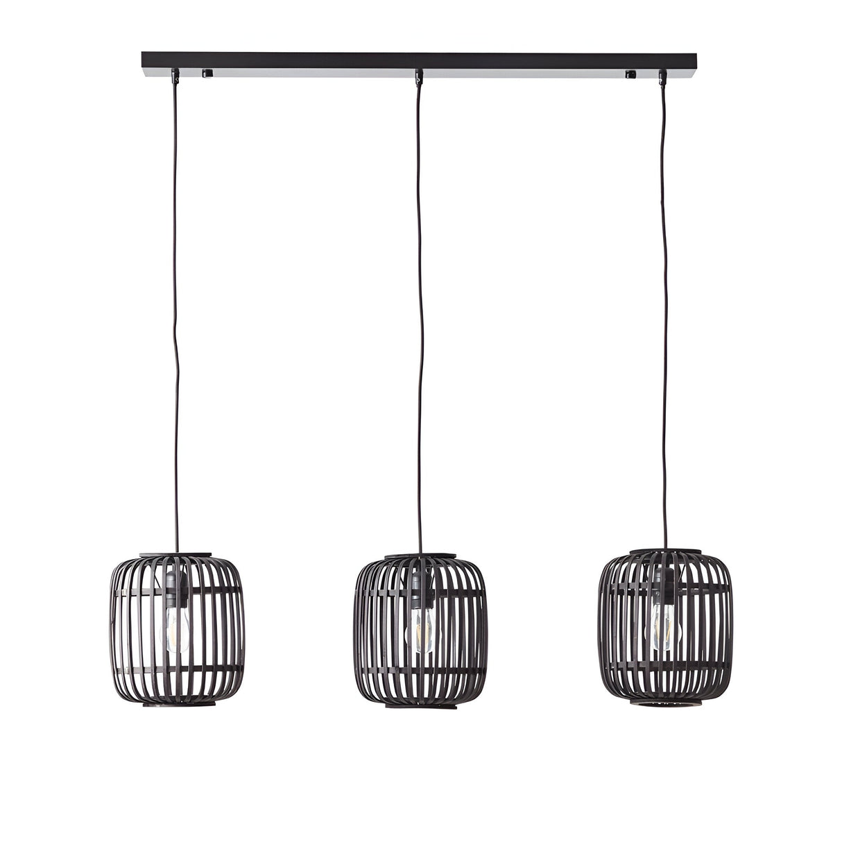 Endon Bracken 3 light linear pendant with three black bamboo cage shades on adjustable flex from a matt black bar, shown on a white background.