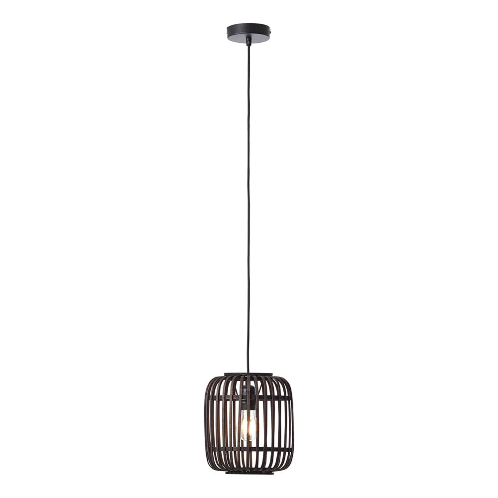Bracken single pendant light with an open bamboo cage shade and matt black metal ceiling mount, hung on black flex against a white background.
