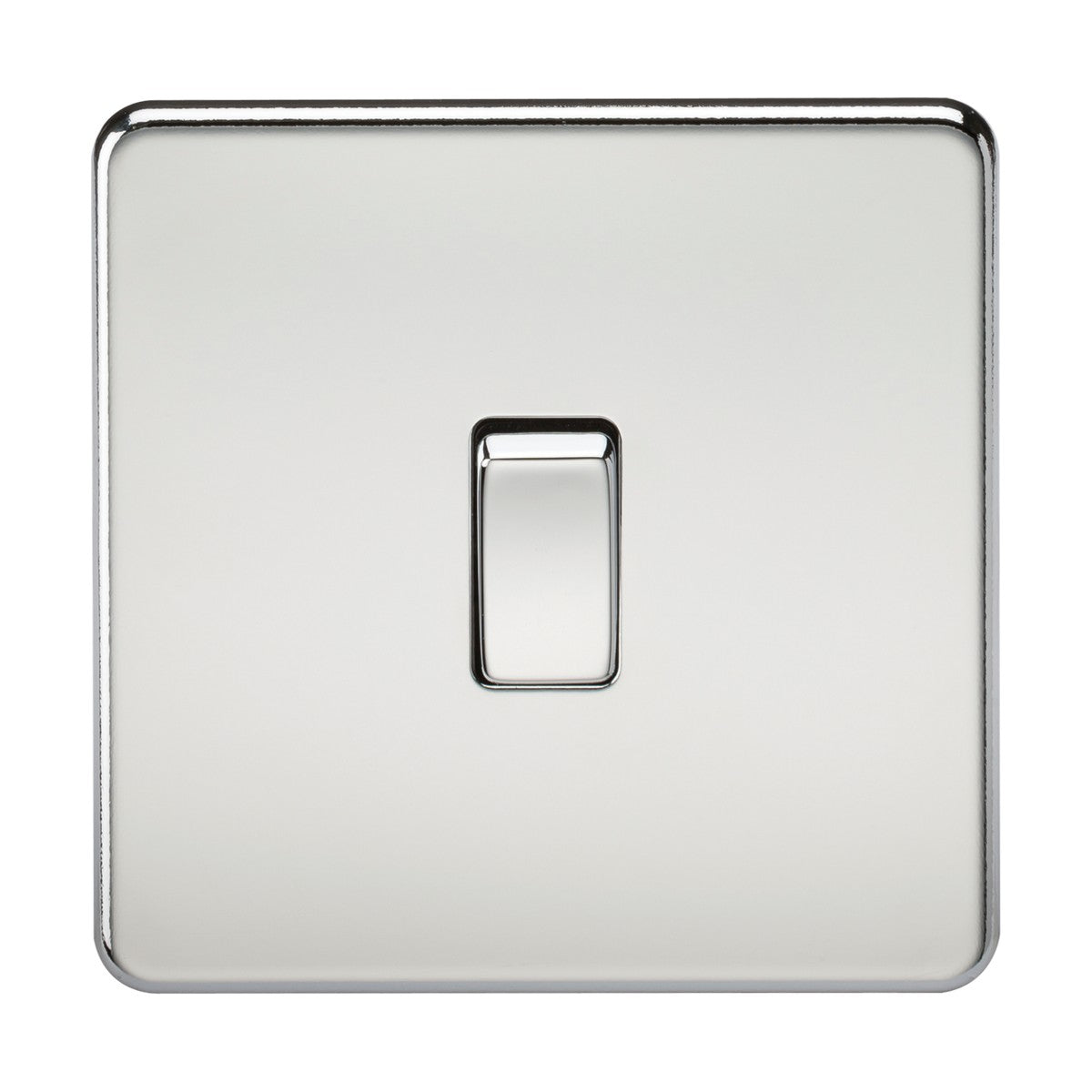 A centered image showcases the 10AX 1 Gang Intermediate Switch in polished chrome with its switch in the off position. This modern screwless switch exhibits a minimalist, low-profile design highlighted by a square faceplate and gently rounded edges that capture and reflect light on its smooth surface.