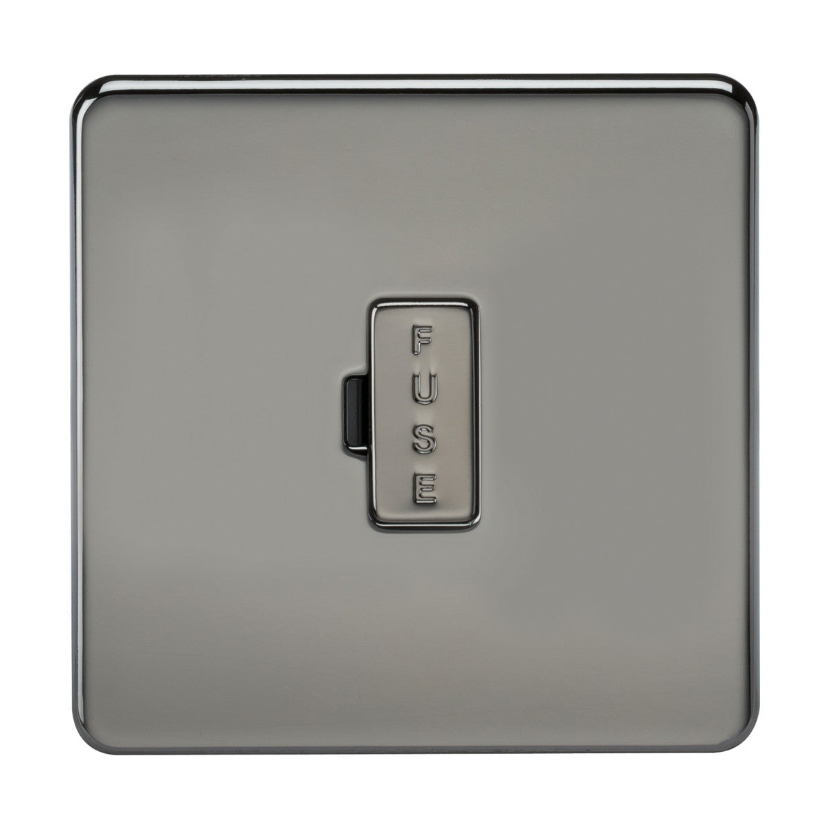 A 13A Fused Spur Unit in Black Nickel offers a metallic, screwless low-profile design with FUSE centered on the sleek plate, showcasing a simple modern appeal.