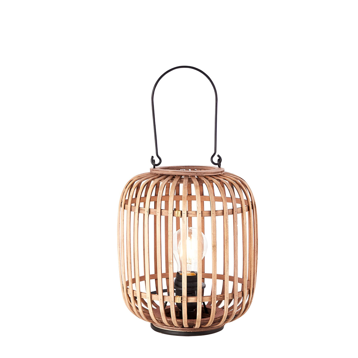 Endon Bracken table lamp with an open natural bamboo cage, matt black metalwork, arched carry handle and visible E27 filament bulb, on a white background.