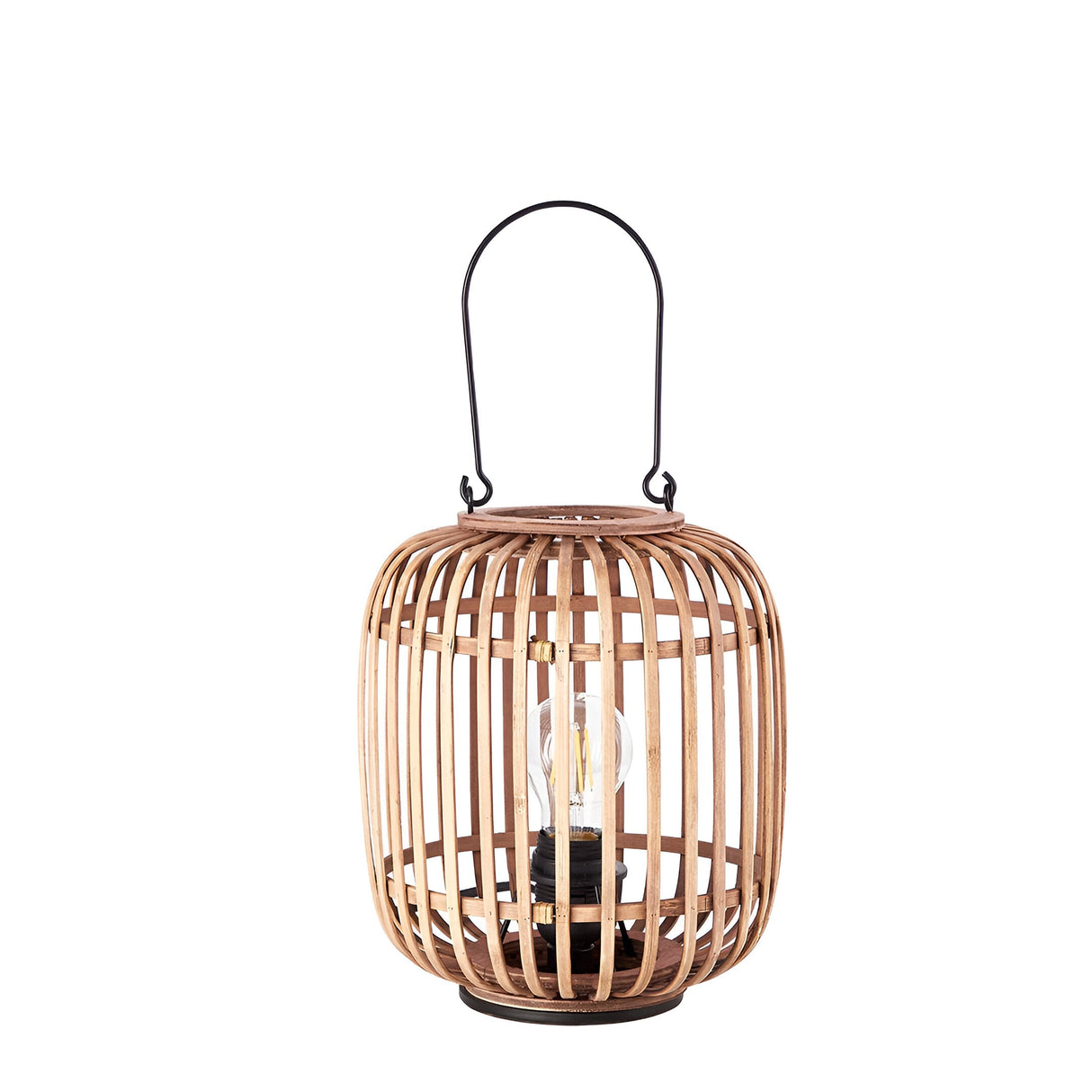 Endon Bracken table lamp with natural bamboo cage framework, matt black metalwork, arched carry handle and visible E27 filament bulb, on white.