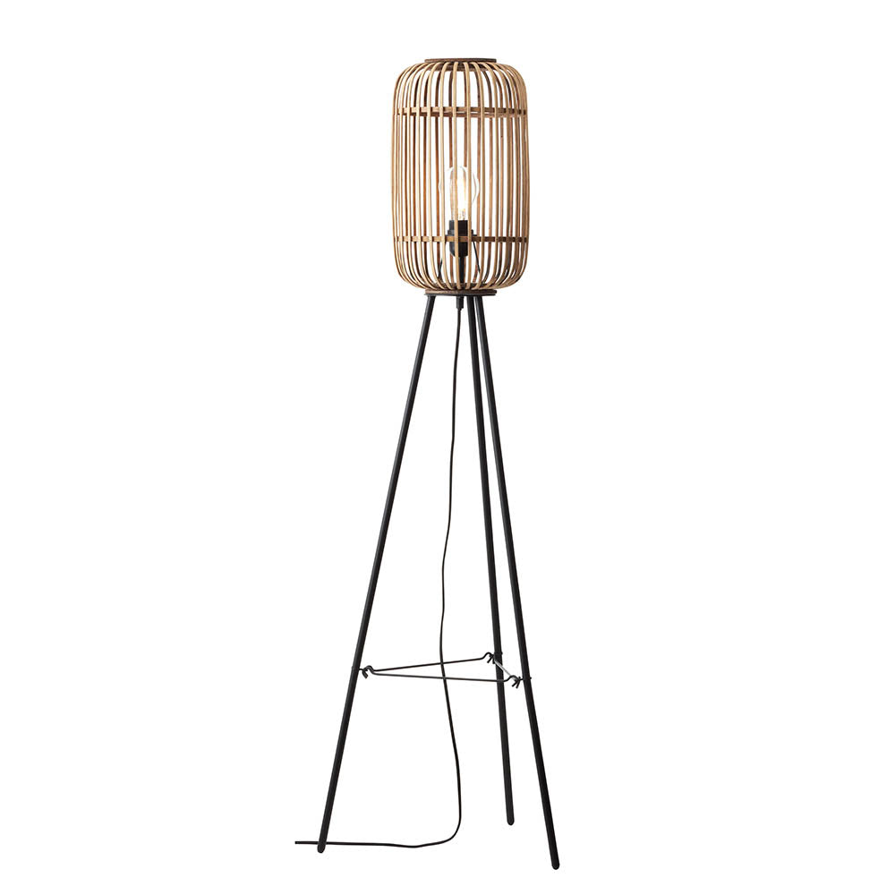 Bracken Floor Lamp with a natural bamboo cage shade and E27 bulb, set on a matt black tripod base, shown on a plain white background.