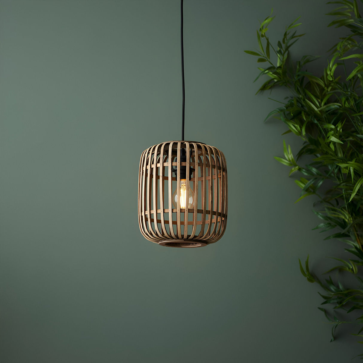 Endon Bracken pendant light with natural bamboo cage shade and matt black flex, lit E27 bulb, hung against a green wall beside bamboo foliage.