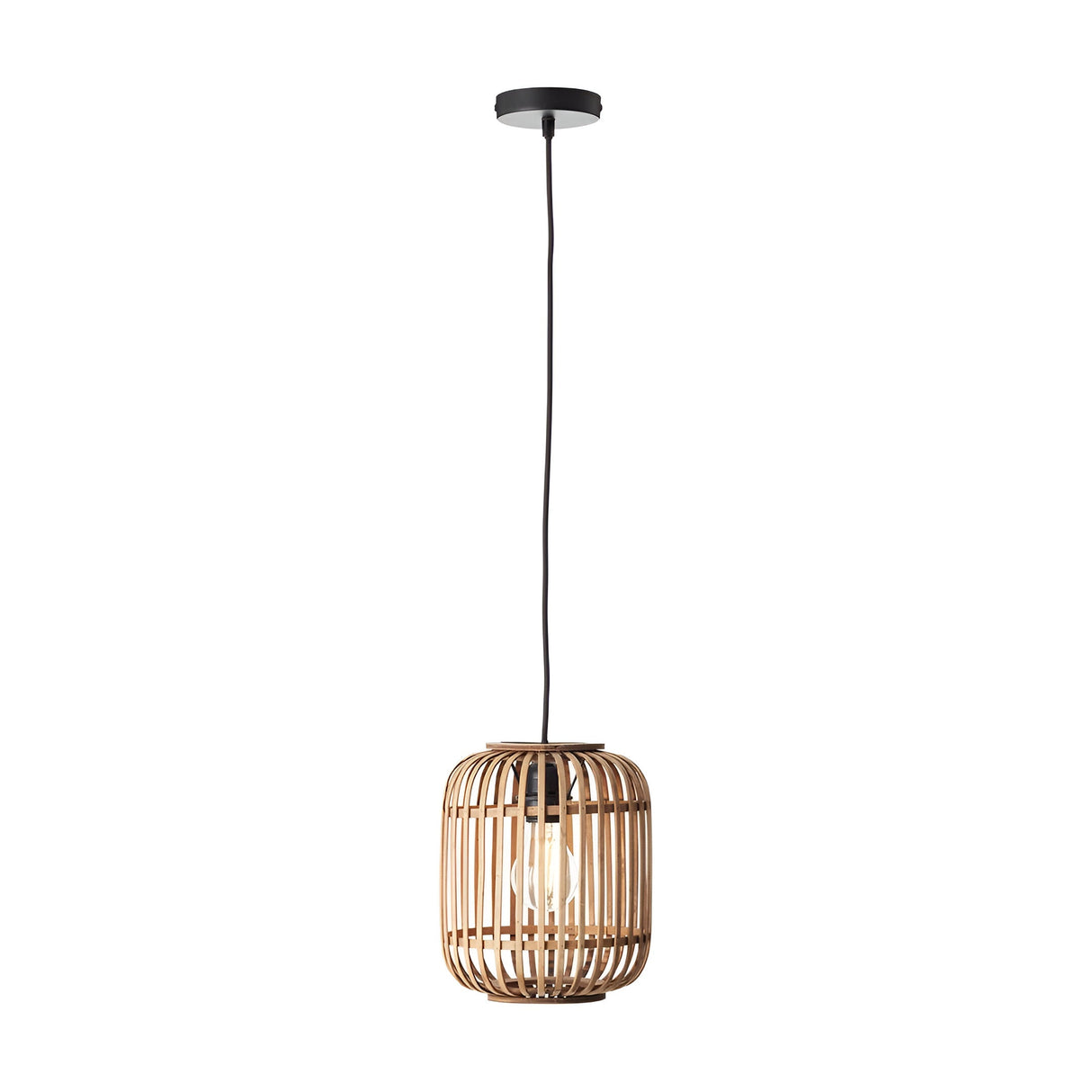 Endon Bracken pendant light with a natural bamboo slatted cage shade, E27 filament bulb and matt black ceiling rose on adjustable black flex.