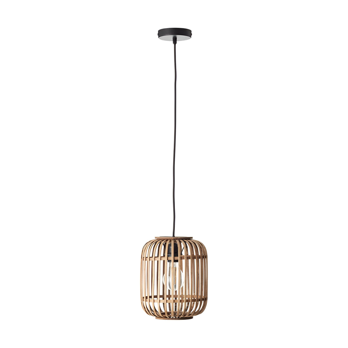 Endon Bracken pendant light with a natural bamboo slatted cage shade, E27 filament bulb and matt black ceiling rose on adjustable flex.