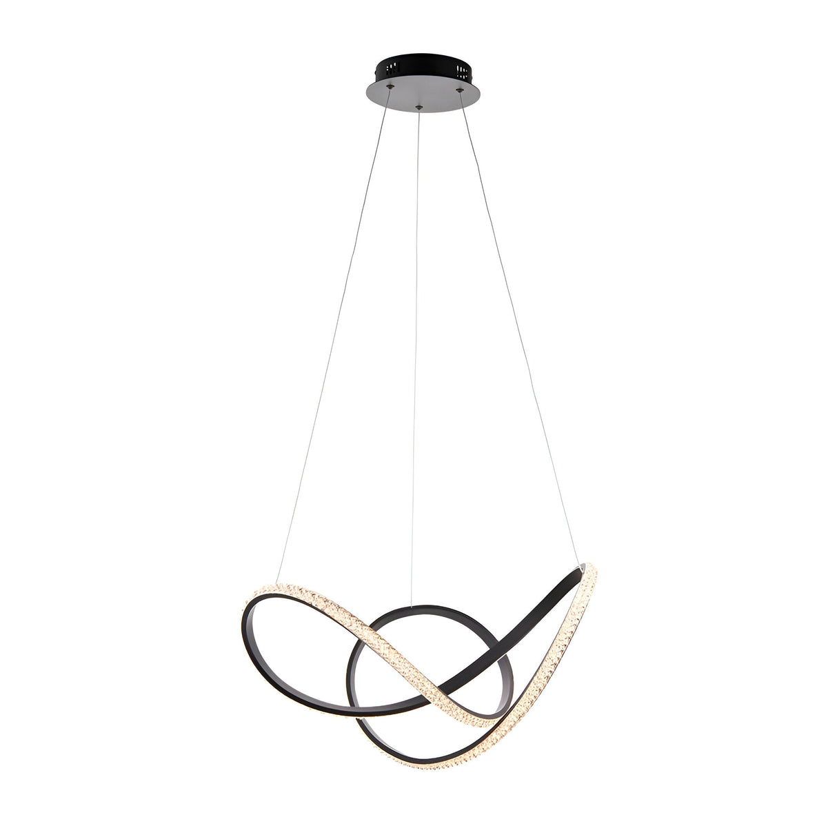 Bramcombe Pendant in matt black with intertwined looping rings and clear faceted acrylic detail, hung from a black ceiling plate.