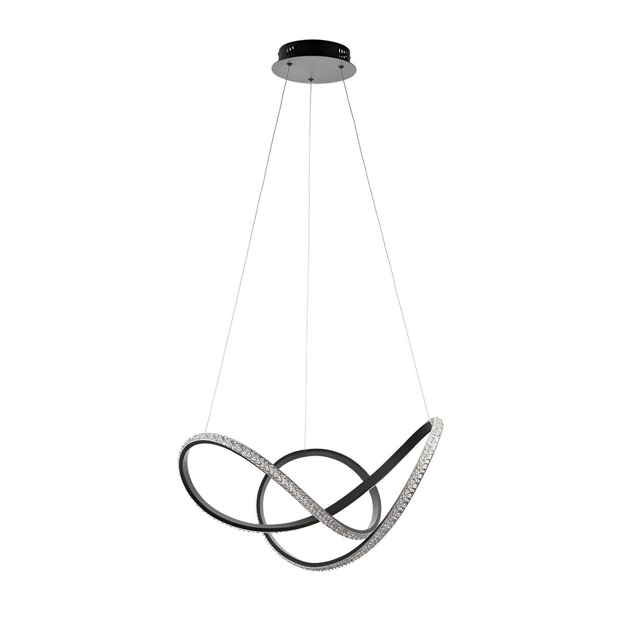 Bramcombe Pendant in matt black with intertwined looping rings and clear faceted acrylic detail, suspended from a round ceiling plate on a white background.