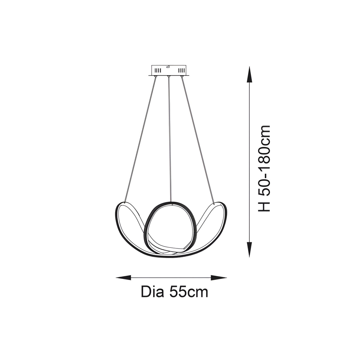 Line drawing of the Bramcombe Pendant showing three overlapping black rings suspended from adjustable cords, with 55cm diameter and 50-180cm height dimensions.