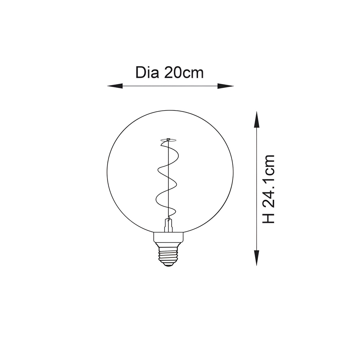 Dimension diagram of the Endon 4W E27 LED filament spiral bulb showing 20cm diameter and 24.1cm height on a plain white background.