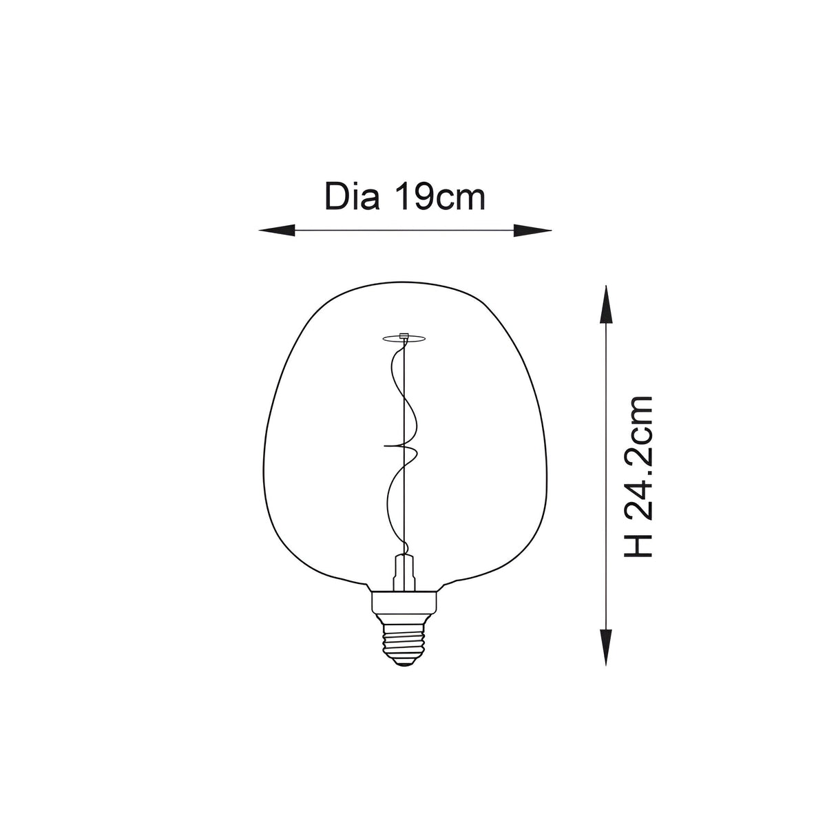 Dimension diagram of the Endon 4W E27 LED filament swirl bulb showing a 19cm diameter and 24.2cm height on a plain white background.