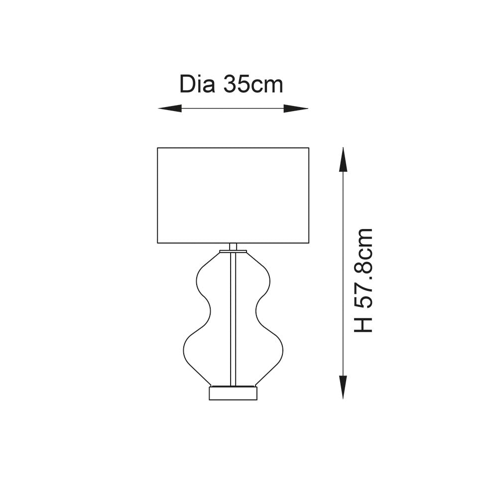 Endon Brockley table lamp dimension diagram showing 35cm shade diameter and 57.8cm height for the hourglass glass base and drum shade.