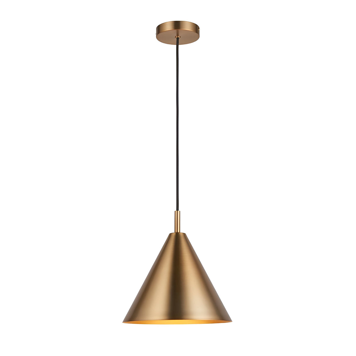 Ashworth Pendant in brass, cone-shaped metal shade on a black cable with round ceiling rose, shown on a plain white background.
