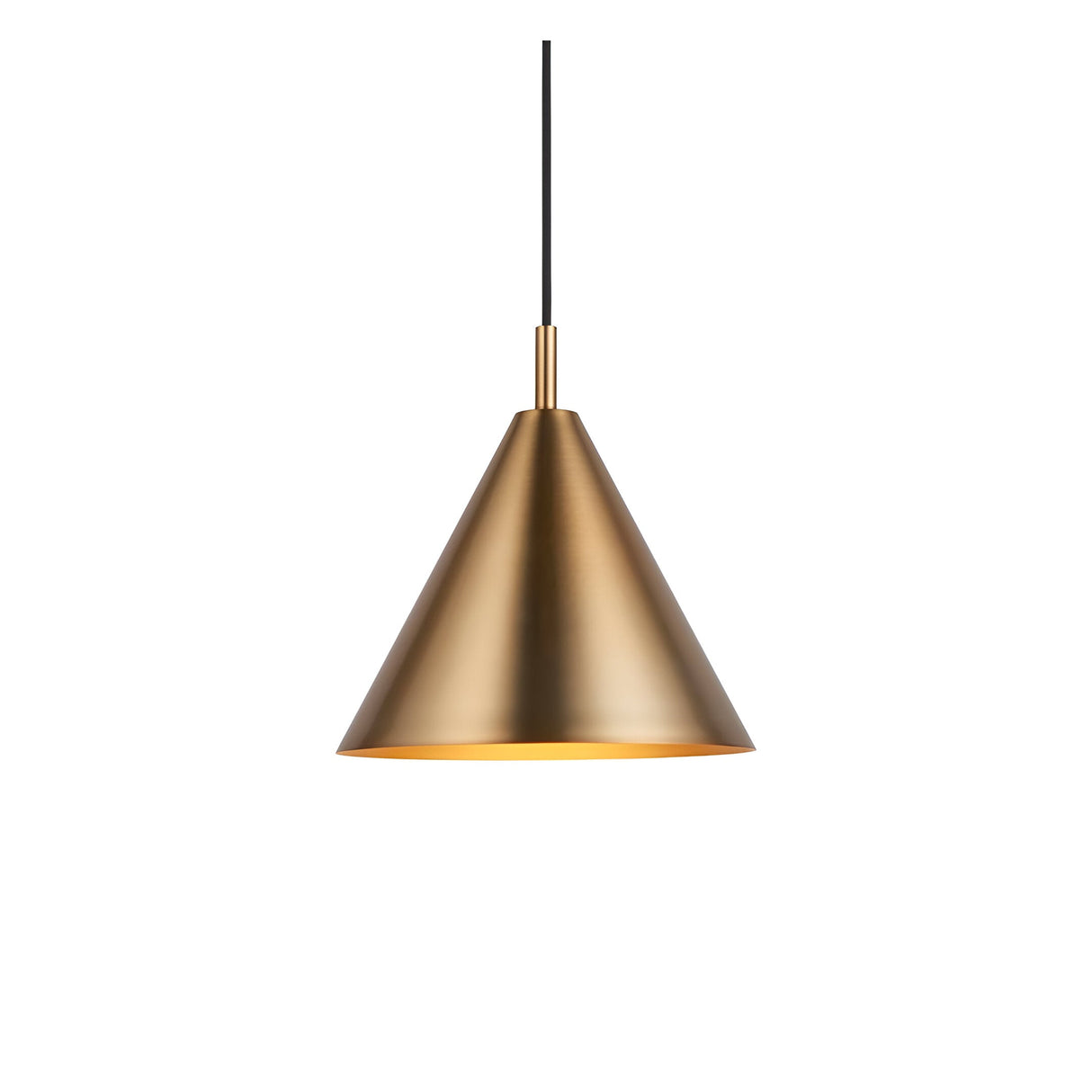 Ashworth Pendant in brass, a cone-shaped metal shade with matching gold-toned interior on a black cord, shown on a plain white background.