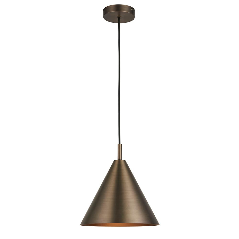 Endon Ashworth single pendant light with a brushed bronze cone shade and black fabric cable suspended from a round ceiling rose, on a white background.