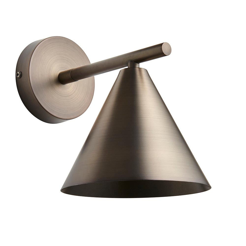 Endon Ashworth bronze wall light with adjustable arm and cone shade in brushed antique bronze finish, shown against a plain white background.