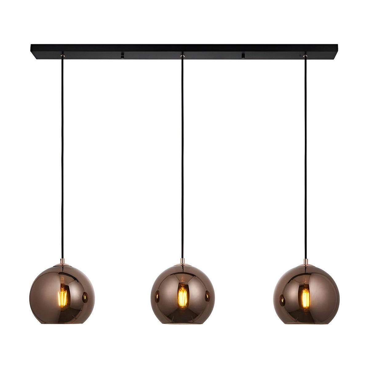 Endon Ashbourne 3 light linear pendant with copper mirrored glass globe shades on a matt black bar, shown against a plain white background.