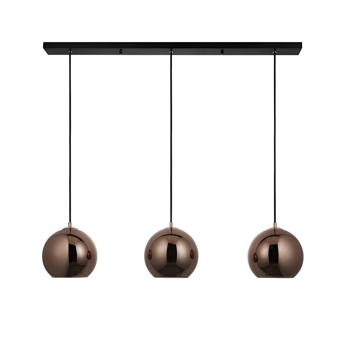 Endon Ashbourne 3 light linear pendant with copper mirrored glass globe shades on a matt black bar, shown against a plain white background.