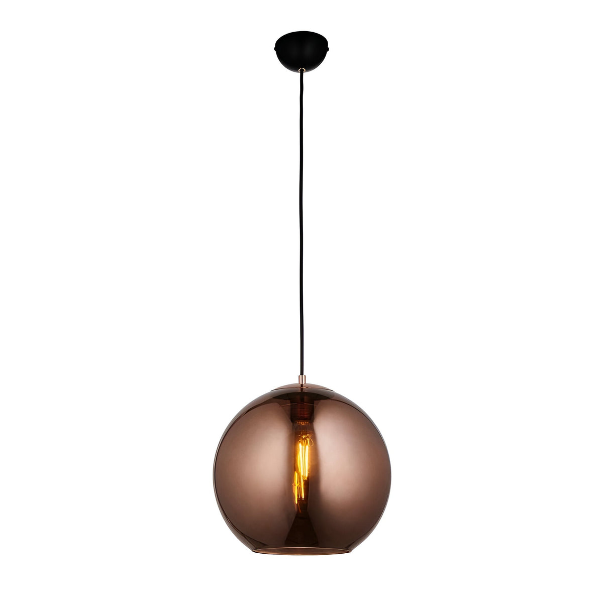 Endon Ashbourne pendant light with a single copper mirrored glass globe shade suspended from a black fabric cable and matt black ceiling cup.