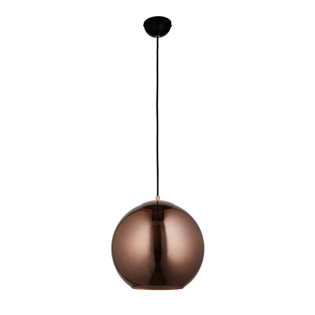 Endon Ashbourne pendant light with a single copper mirrored glass globe shade, matt black ceiling cup and fabric cable, shown on a white background.