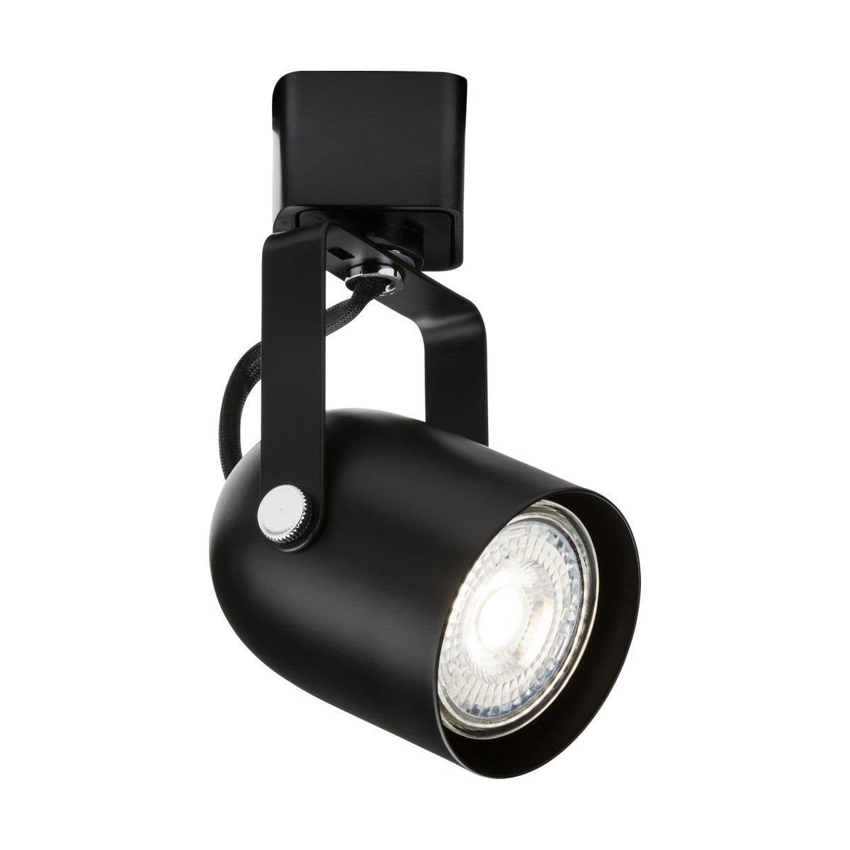 The Classic Track Spotlight - Black is a modern, minimalistic track light fixture with a cylindrical spotlight and adjustable arm. It includes a dimmable GU10 lamp, making it ideal for illuminating specific areas or artworks.