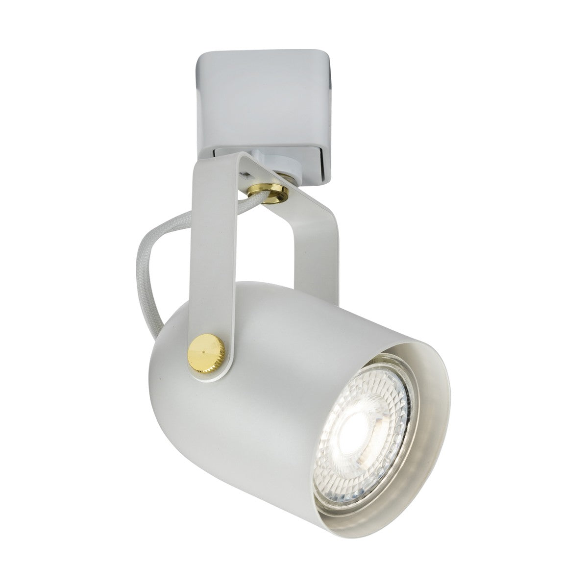 Introducing the Classic Track Spotlight - White, a stylish GU10 track spotlight featuring an adjustable head and a round LED bulb. This fixture comes with elegant gold-colored accents and a sleek grey base, perfect for providing directional lighting in modern interiors.