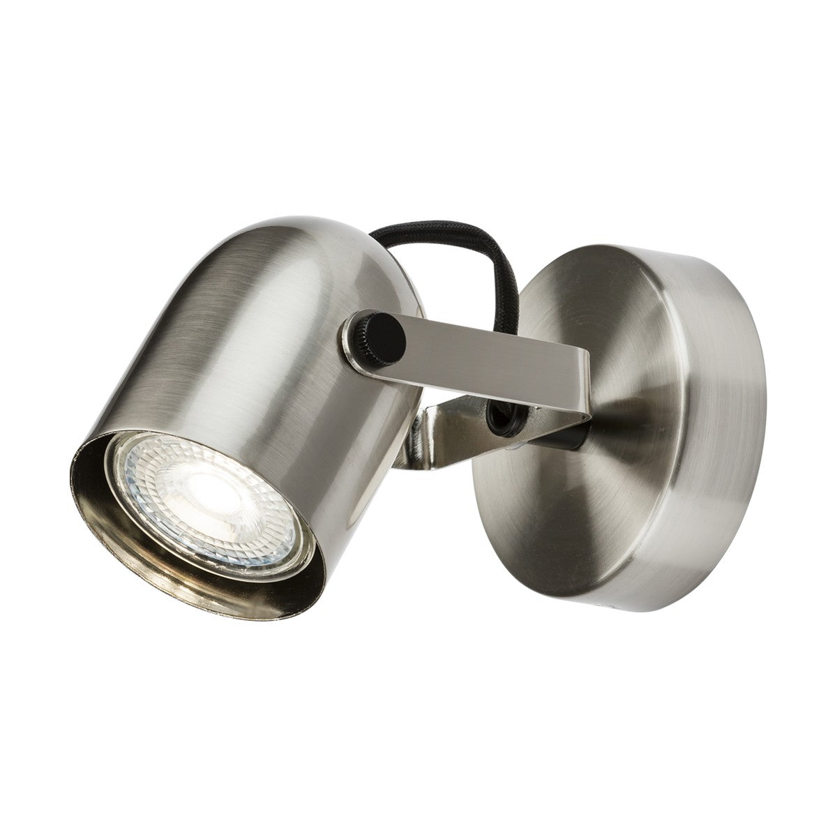Introducing the Single Adjustable Spotlight in Brushed Chrome: a sleek and modern wall-mounted LED light fixture. This dimmable GU10 spotlight features a cylindrical lamp head attached to a round base and includes a flexible arm for precise directional lighting.