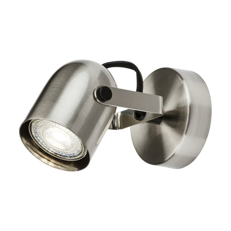 Introducing the Single Adjustable Spotlight in Brushed Chrome: a sleek and modern wall-mounted LED light fixture. This dimmable GU10 spotlight features a cylindrical lamp head attached to a round base and includes a flexible arm for precise directional lighting.