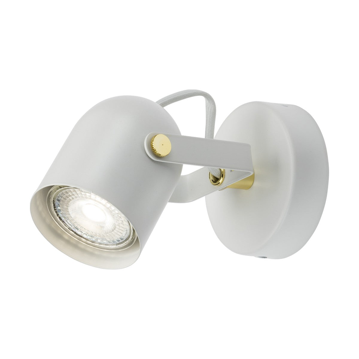 The Single Adjustable Spotlight - Matt White is a contemporary wall-mounted sconce featuring a chic matt white cylindrical design with gold accents and an adjustable arm that accommodates the GU10 lamp. Its exposed bulb provides bright illumination, complemented by the neutral background to highlight its minimalist style and adjustable spotlight capability.