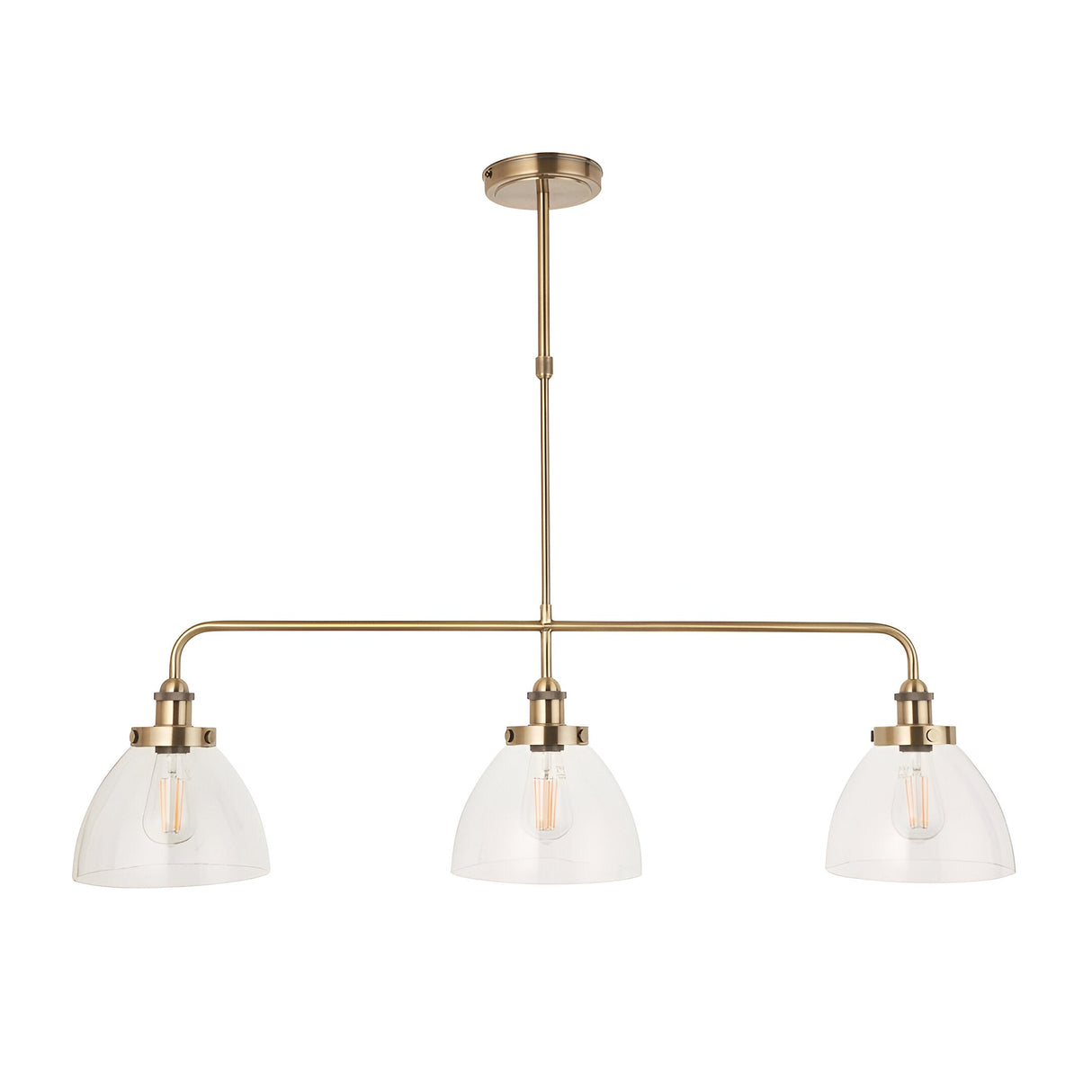Endon Wentworth 3 light linear stem pendant in antique brass with three clear glass dome shades and exposed filament bulbs on a plain background.