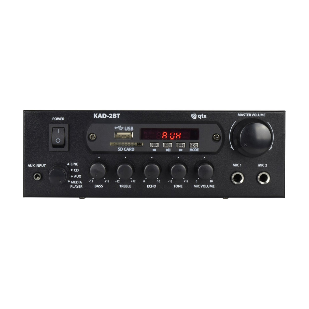 QTX KAD-2BT Bluetooth Class D stereo amplifier in matt black with power switch, input selector, USB and SD slots, tone knobs, mic inputs and master volume dial.