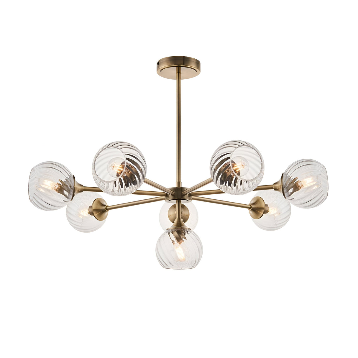 Endon Georgiana 8 light semi-flush pendant with spiral-cut clear glass globe shades on an antique brass frame, shown against a white background.