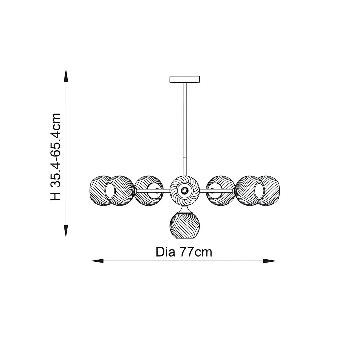 Endon Georgiana 8 light pendant dimensions diagram showing 77cm diameter and 35.4–65.4cm adjustable height on a white background.