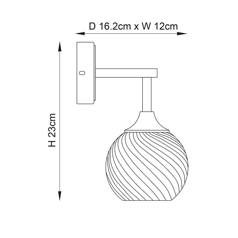 Georgiana Wall Light in Brass – line drawing showing single arm with round swirl-patterned glass shade, dimensions D 16.2cm x W 12cm x H 23cm.
