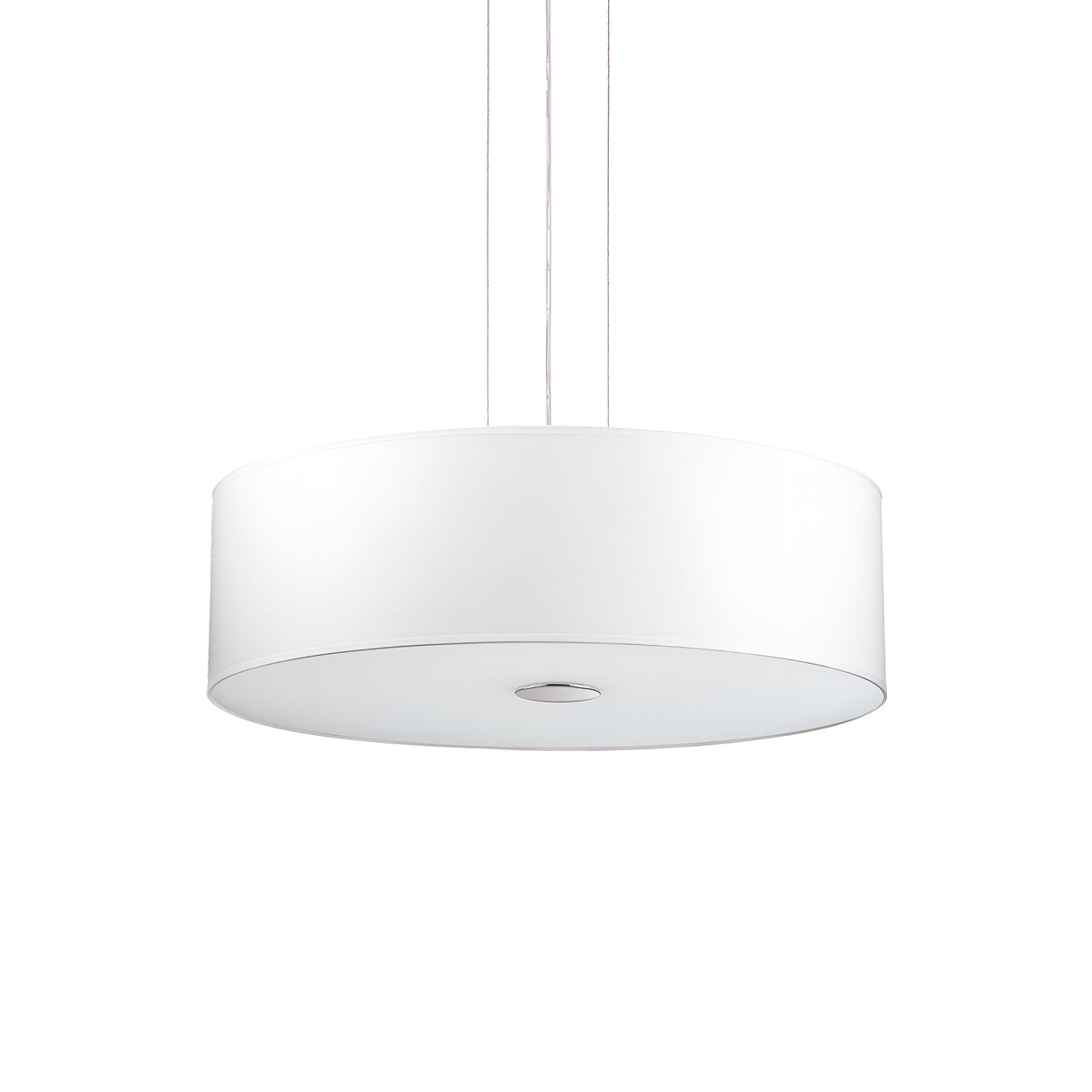 A sleek and modern white cylindrical pendant light from the Noble 5 Light Pendant - White collection is suspended from the ceiling by adjustable-length cables. Its minimalistic design and chromed metal frame make it an excellent choice for contemporary or minimalist interiors.
