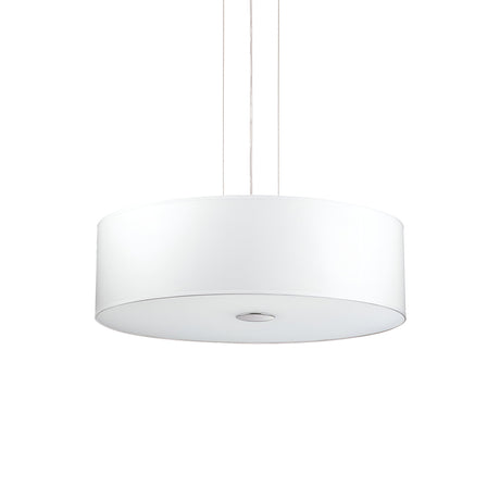 A sleek and modern white cylindrical pendant light from the Noble 5 Light Pendant - White collection is suspended from the ceiling by adjustable-length cables. Its minimalistic design and chromed metal frame make it an excellent choice for contemporary or minimalist interiors.