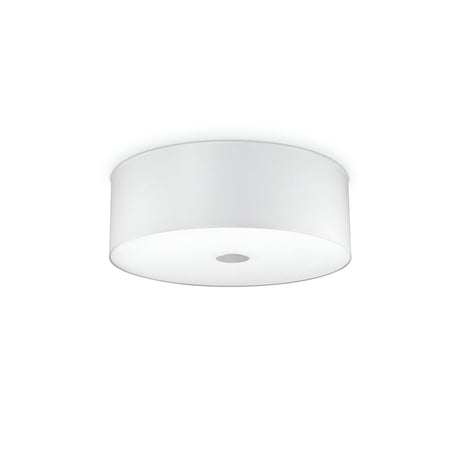 The Noble 4 Light Flush - White is a sleek and contemporary ceiling fixture featuring a round, white drum-shaped shade complemented by a chrome frame with an elegant circular detail at the center. Its flush-mounted design offers a smooth and minimalist aesthetic, ideal for modern interiors.
