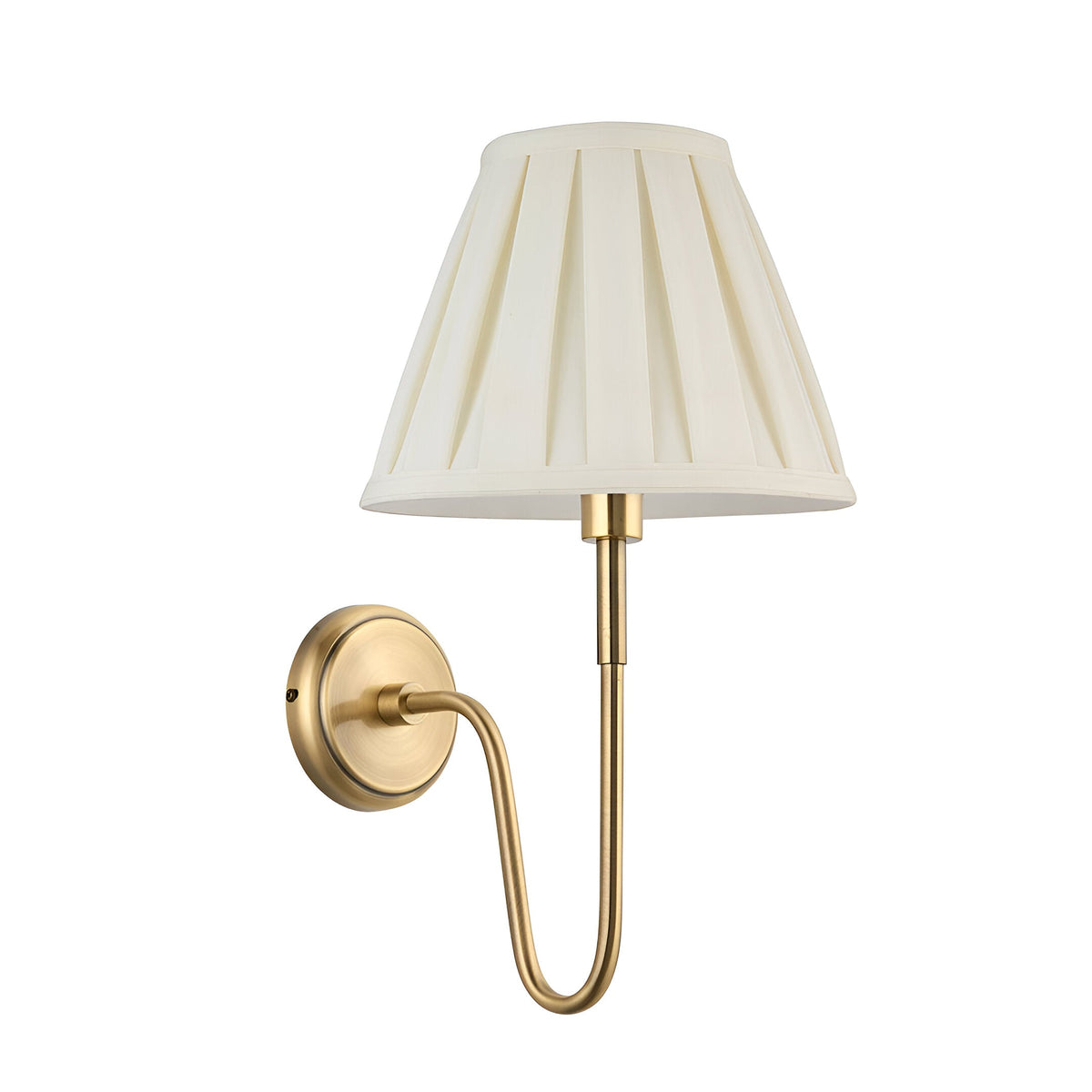 Endon Cliffdon wall light in antique brass with a curved arm and cream box-pleat tapered fabric shade, shown on a plain white background.