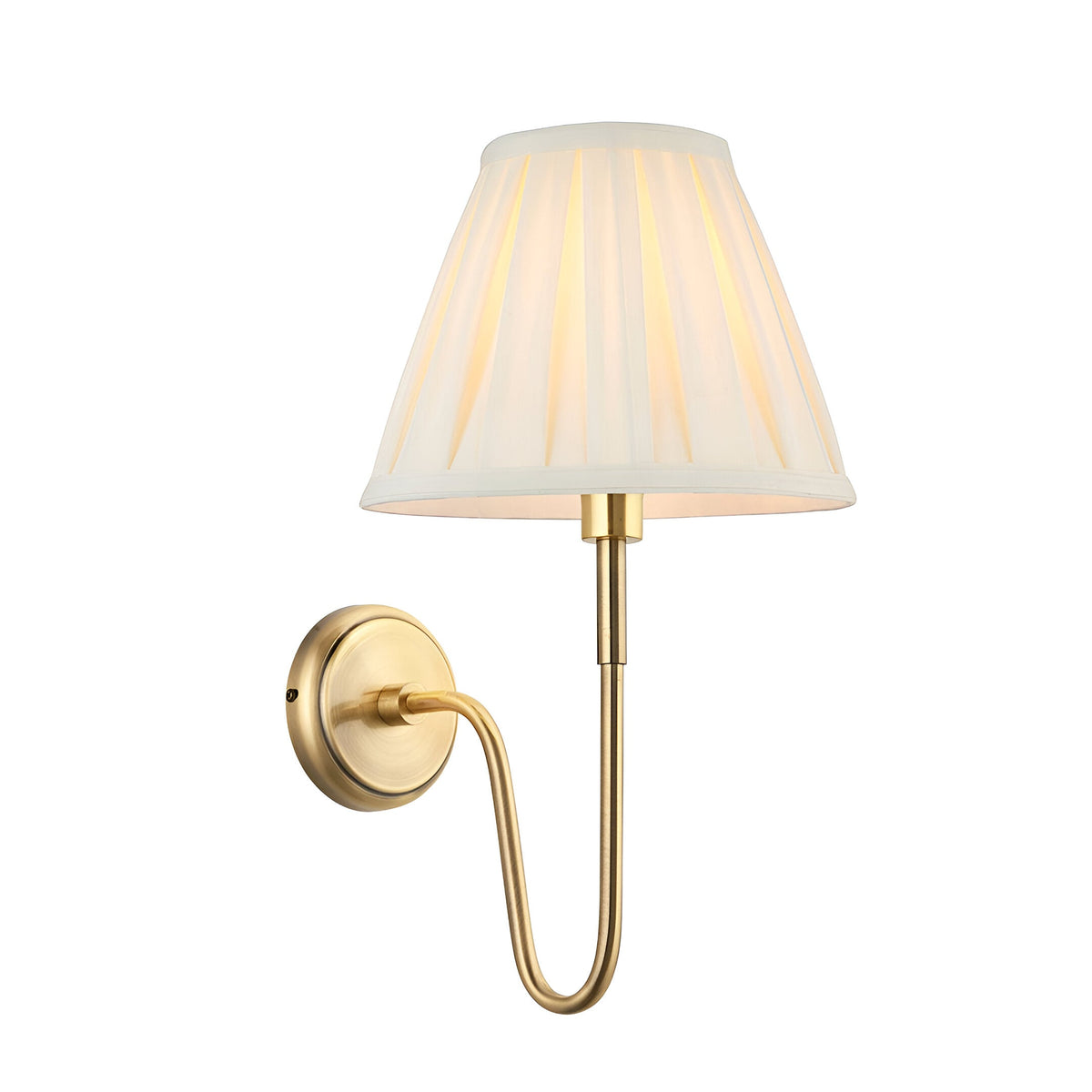 Endon Cliffdon wall light in antique brass with a curved arm and tapered cream box-pleat fabric shade, shown on a plain white background.