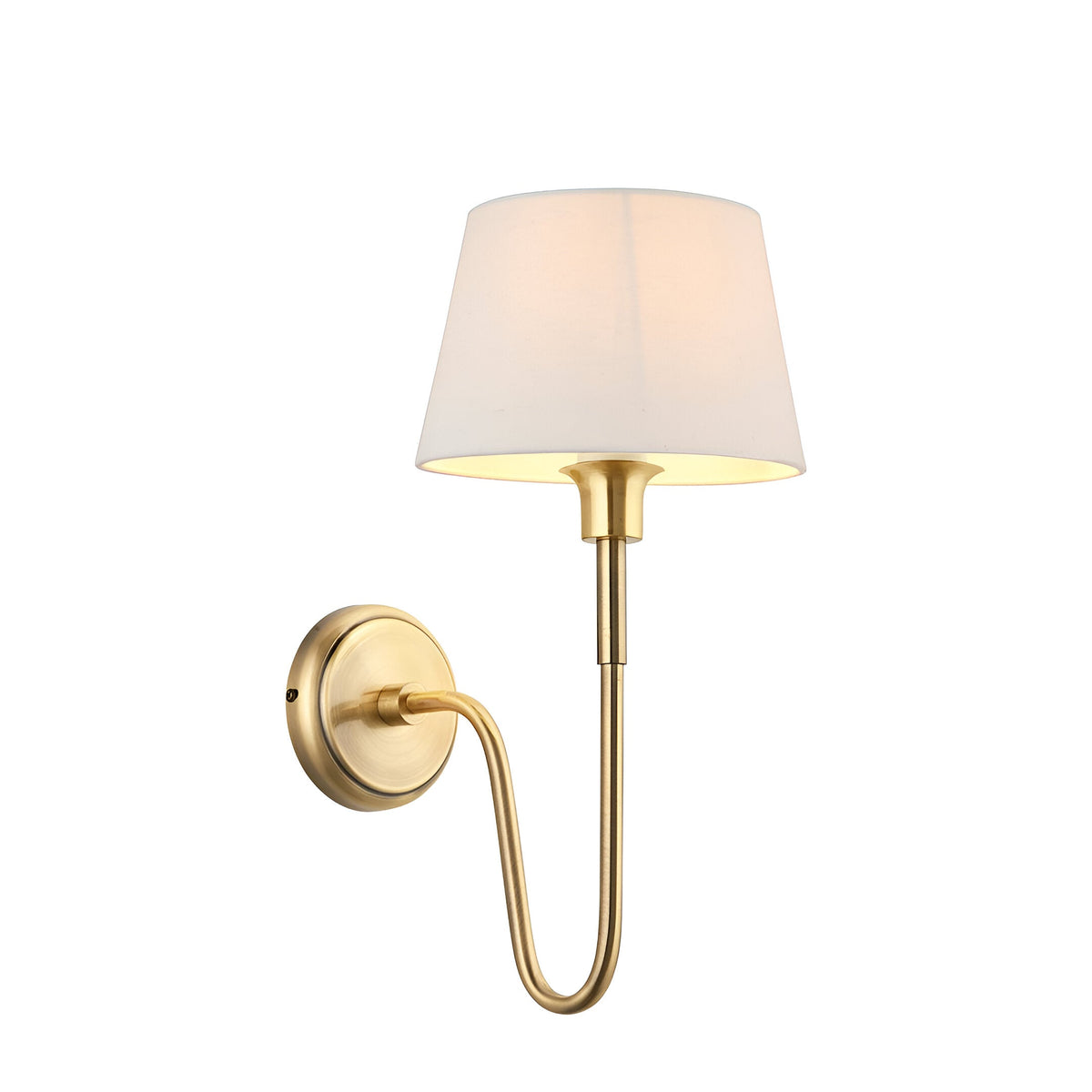 Endon Cliffdon single wall light in antique brass with a curved arm and tapered ivory fabric shade, shown on a plain white background.