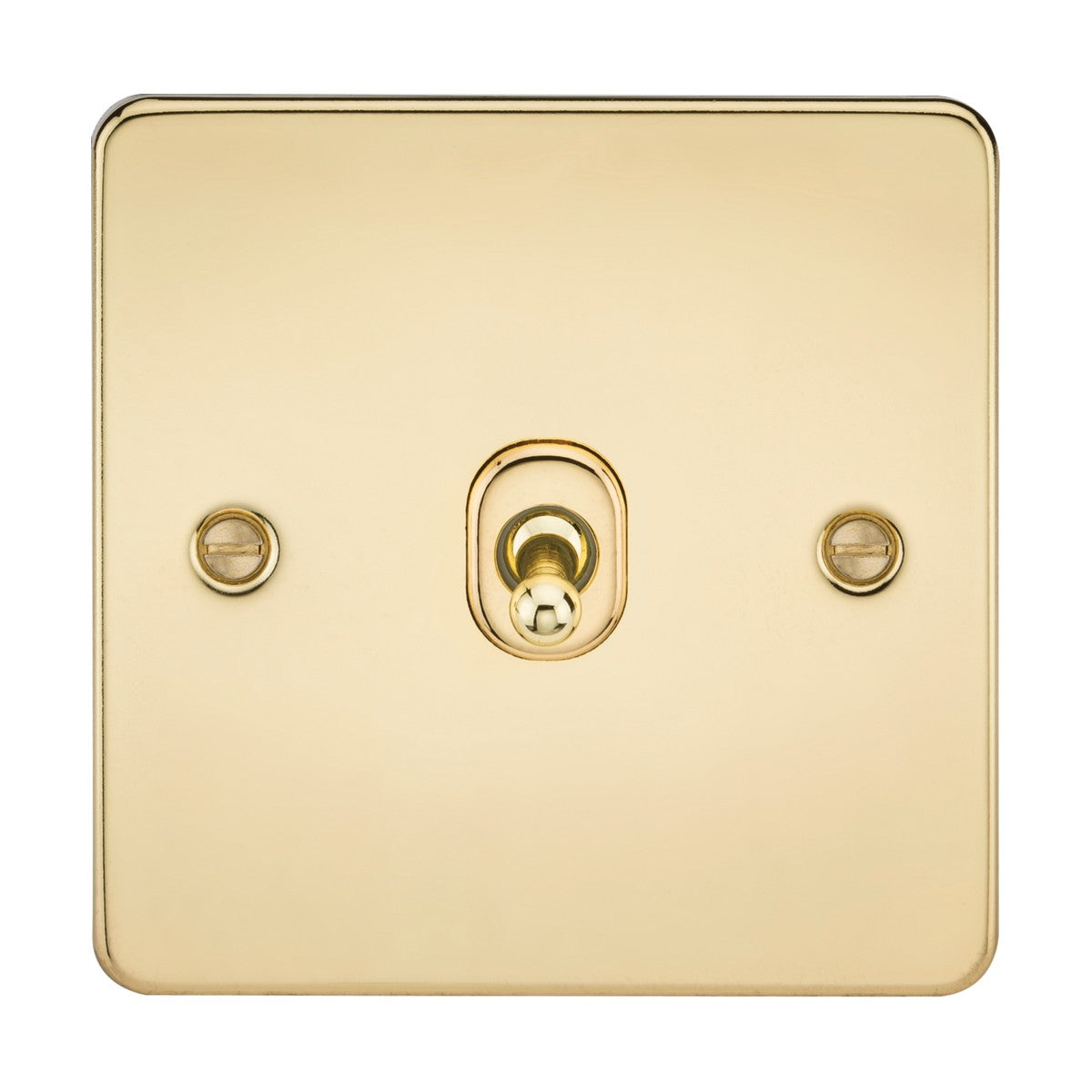 The 10AX 1 Gang 2-Way Toggle Switch in polished brass features a square, ultra-low profile design with a central toggle and two visible screws. This flat plate switch is minimal and elegant, showcasing a smooth, reflective surface.