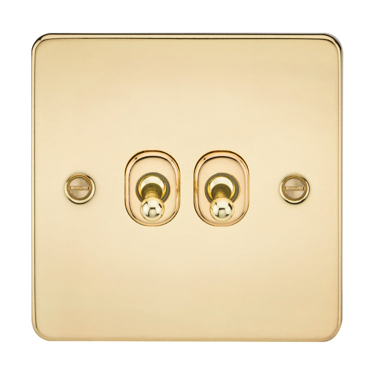 The 10AX 2 Gang 2-Way Toggle Switch in polished brass features a minimalist design with double toggle switches at the center, each sitting on a rounded base. This flat plate is secured by two side screws, offering a sleek addition to any room.